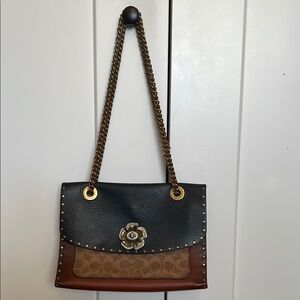 Coach 1941 Floral Turnlock Chain Crossbody Black/Brown Leather Signature Canvas